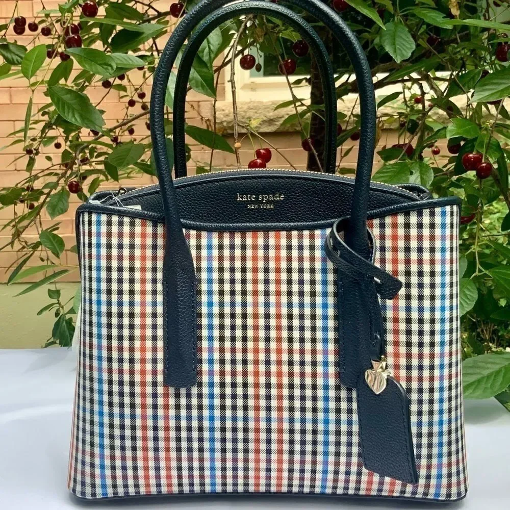 KATE SPADE MARGAUX MEDIUM SATCHEL HANDBAG IN BLUE RED BLACK PLAID + LEATHER TRIM